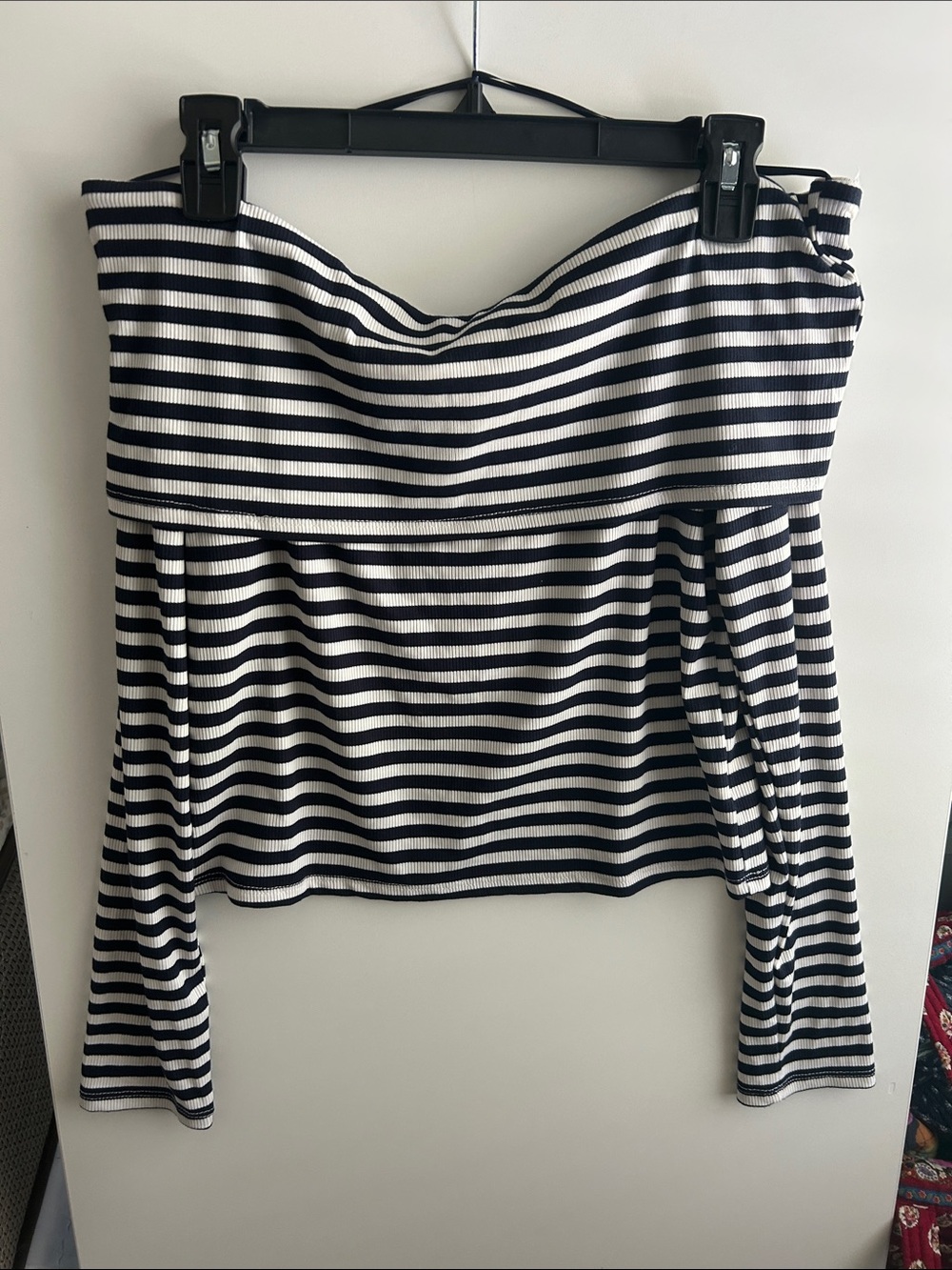 Striped Off-Shoulder Long Sleeve Top in Black and White